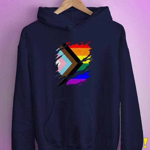 LGBTQ Progress Pride Flag Ripped Reveal Hoodie - Navy